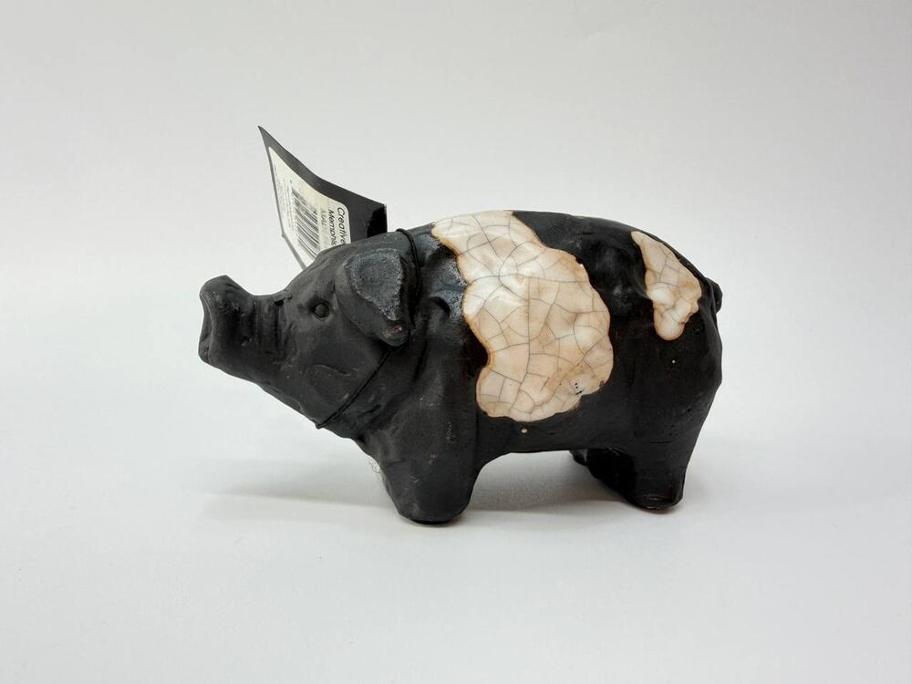 Creative Co-Op Clay Pig Figurine Black White Crackle Finish Farmhouse Rustic Dec